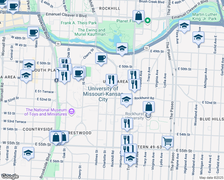 map of restaurants, bars, coffee shops, grocery stores, and more near 5100 Rockhill Road in Kansas City