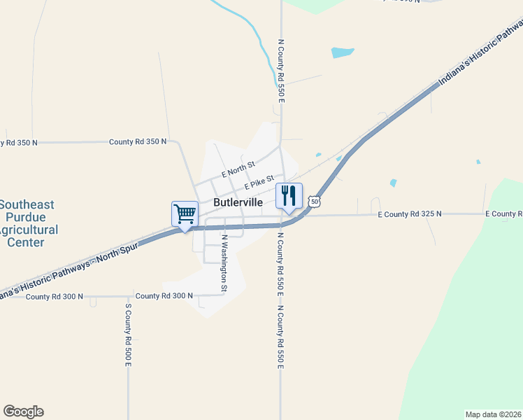 map of restaurants, bars, coffee shops, grocery stores, and more near 5410 U.S. 50 in Butlerville
