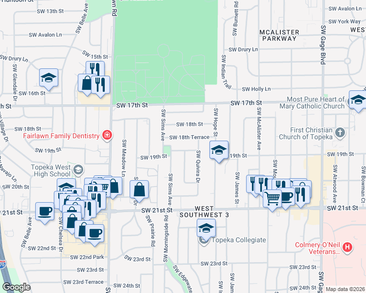 map of restaurants, bars, coffee shops, grocery stores, and more near in Topeka