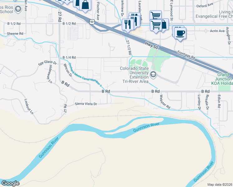 map of restaurants, bars, coffee shops, grocery stores, and more near 2741 B Road in Grand Junction