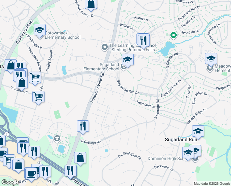 map of restaurants, bars, coffee shops, grocery stores, and more near 206 Charing Court in Sterling