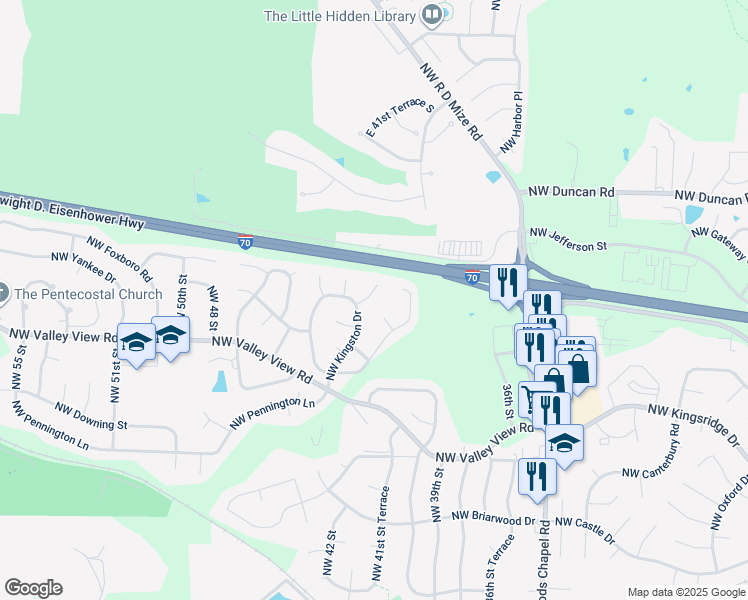 map of restaurants, bars, coffee shops, grocery stores, and more near 1512 Northwest Ashland Place in Blue Springs