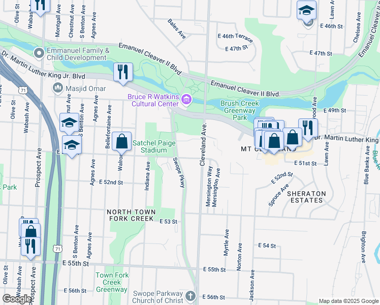 map of restaurants, bars, coffee shops, grocery stores, and more near 5120 Cleveland Avenue in Kansas City