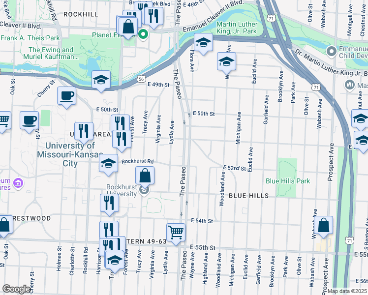 map of restaurants, bars, coffee shops, grocery stores, and more near 5136 The Paseo in Kansas City