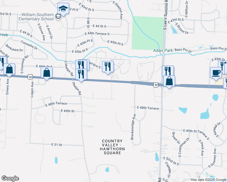 map of restaurants, bars, coffee shops, grocery stores, and more near 15215 East US Highway 40 in Kansas City