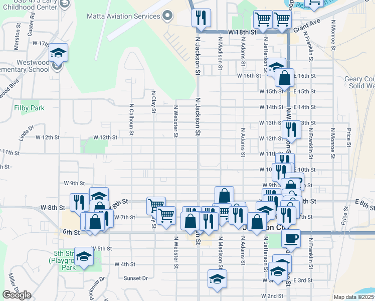 map of restaurants, bars, coffee shops, grocery stores, and more near 520 West 11th Street in Junction City