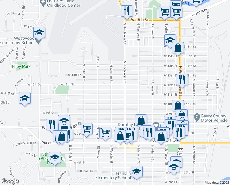 map of restaurants, bars, coffee shops, grocery stores, and more near 532 West 11th Street in Junction City