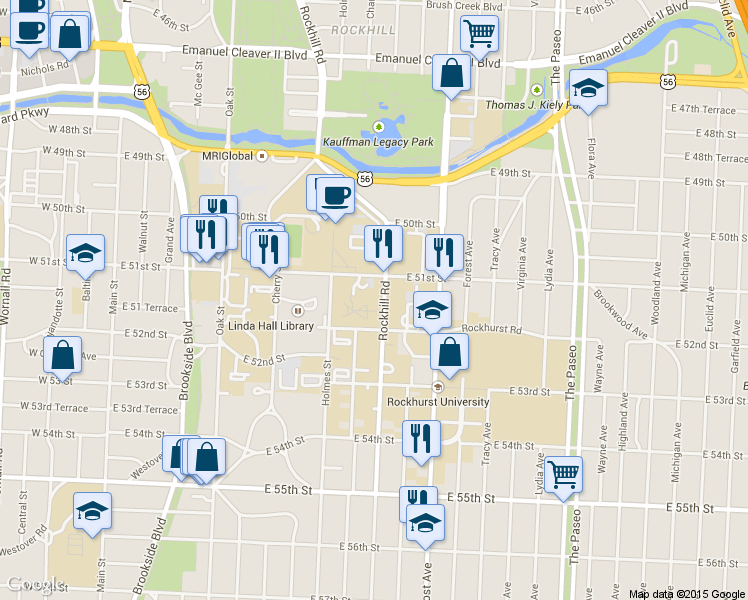 map of restaurants, bars, coffee shops, grocery stores, and more near 5110 Rockhill Road in Kansas City