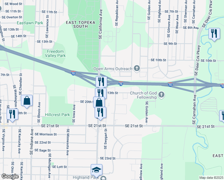 map of restaurants, bars, coffee shops, grocery stores, and more near 2011 Southeast 13th Street in Topeka