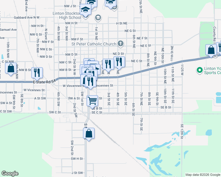 map of restaurants, bars, coffee shops, grocery stores, and more near 290 3rd Street Southeast in Linton