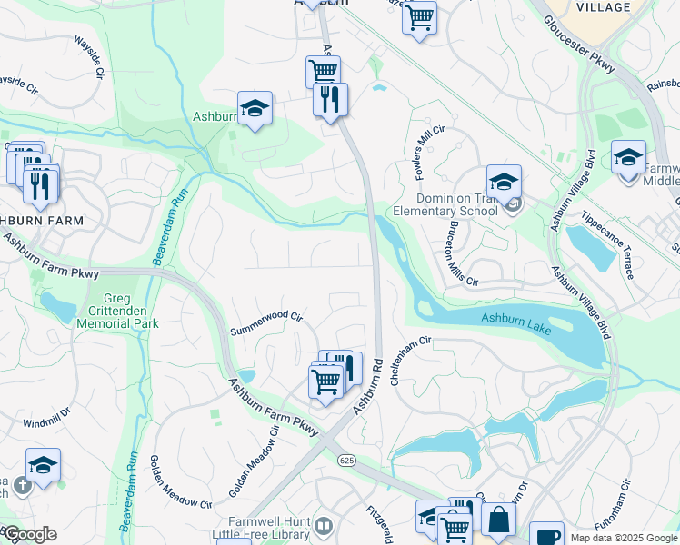 map of restaurants, bars, coffee shops, grocery stores, and more near 43793 Timberbrooke Place in Ashburn
