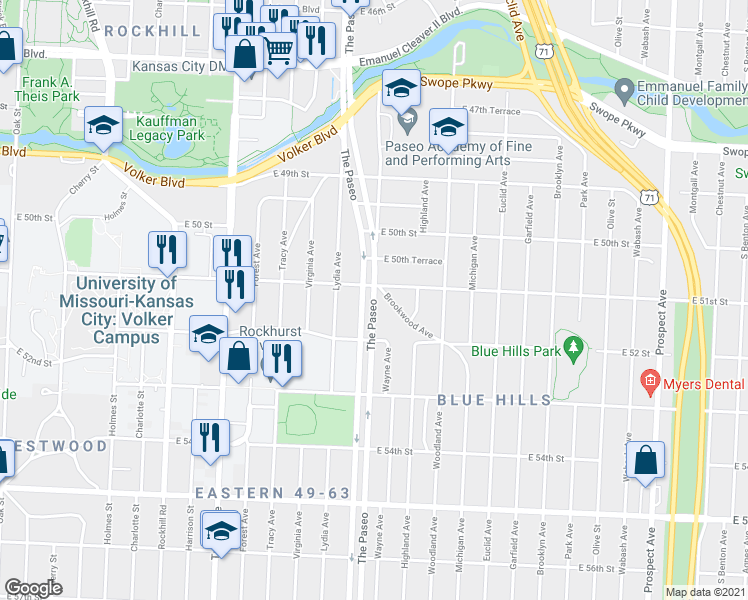 map of restaurants, bars, coffee shops, grocery stores, and more near 5107 Paseo Boulevard in Kansas City
