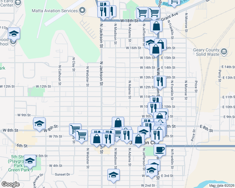 map of restaurants, bars, coffee shops, grocery stores, and more near 405 West 12th Street in Junction City