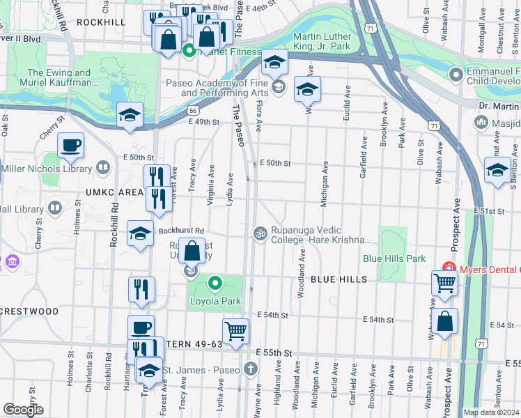 map of restaurants, bars, coffee shops, grocery stores, and more near 5105 Paseo Blvd in Kansas City