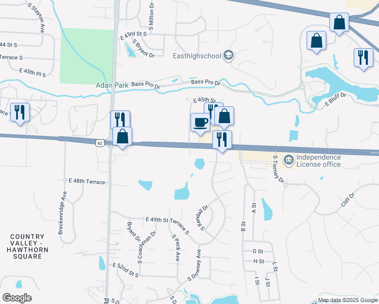 map of restaurants, bars, coffee shops, grocery stores, and more near 4917 South Kendall Drive in Independence