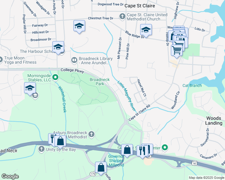 map of restaurants, bars, coffee shops, grocery stores, and more near Broadneck Peninsula Trail in Annapolis