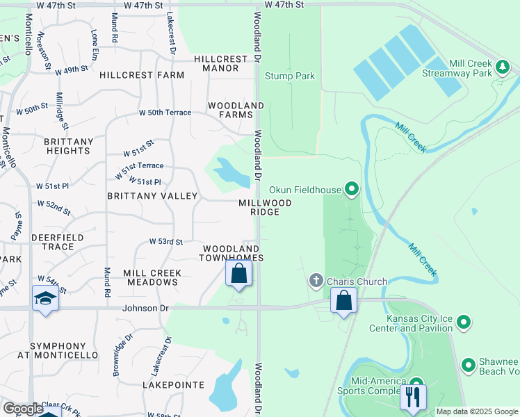map of restaurants, bars, coffee shops, grocery stores, and more near 5205 Woodland Drive in Shawnee