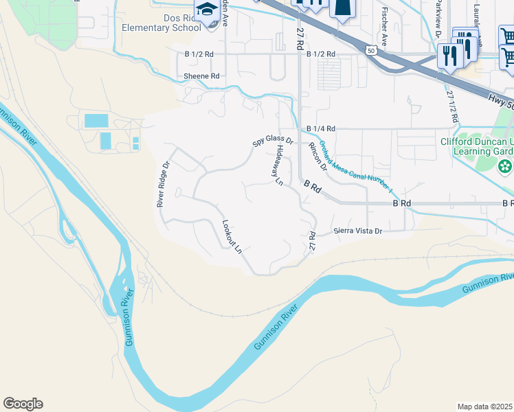 map of restaurants, bars, coffee shops, grocery stores, and more near 200 Secret Canyon Court in Grand Junction