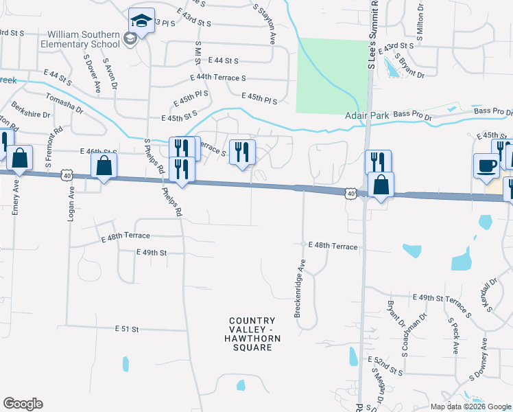 map of restaurants, bars, coffee shops, grocery stores, and more near 15987-16399 U.S. 40 in Kansas City