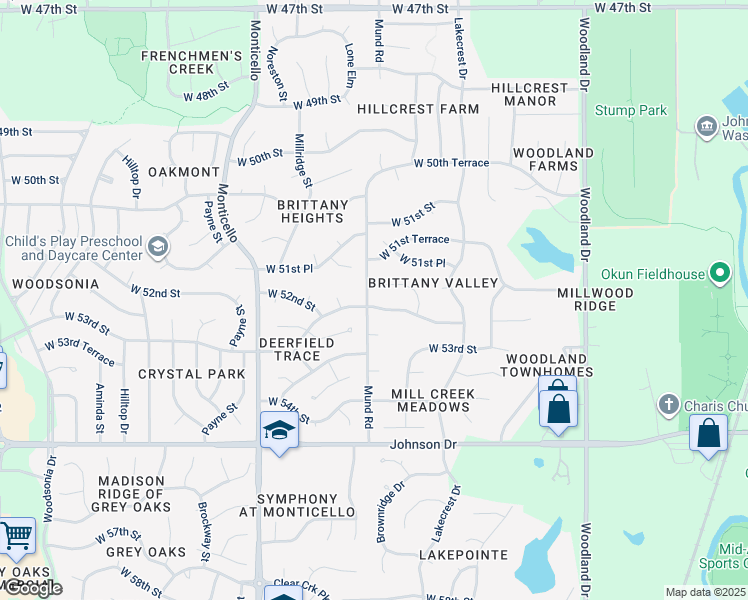 map of restaurants, bars, coffee shops, grocery stores, and more near 21416 West 52nd Street in Shawnee