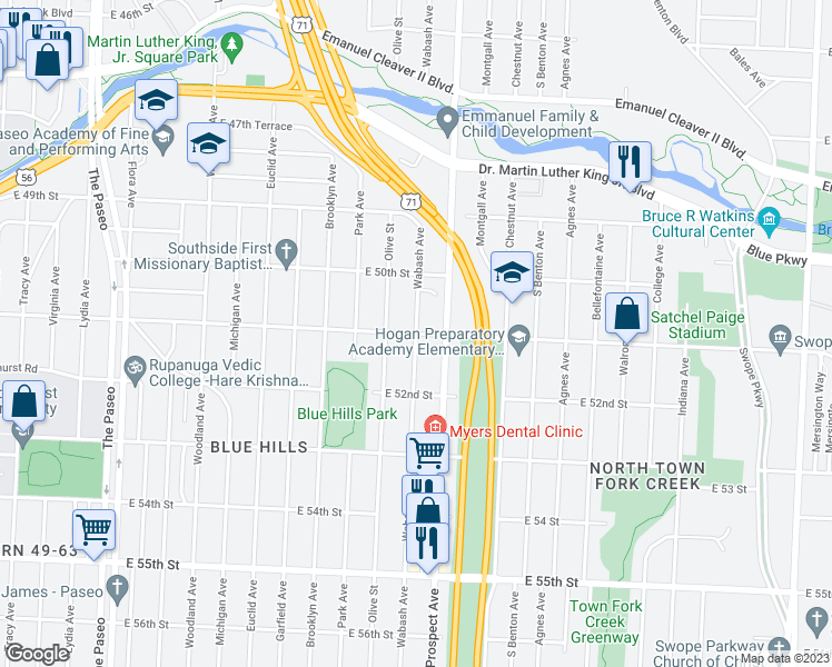 map of restaurants, bars, coffee shops, grocery stores, and more near Wabash Ave & E 51st St in Kansas City