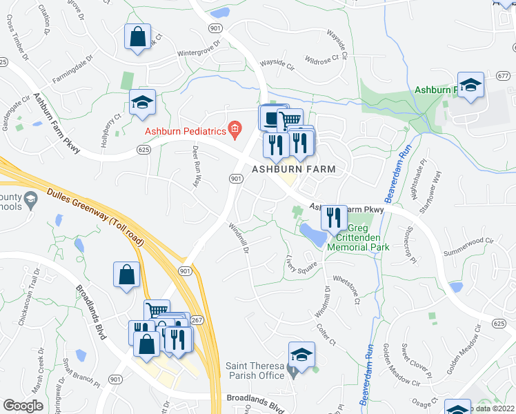 map of restaurants, bars, coffee shops, grocery stores, and more near 21060 Cornerpost Square in Ashburn