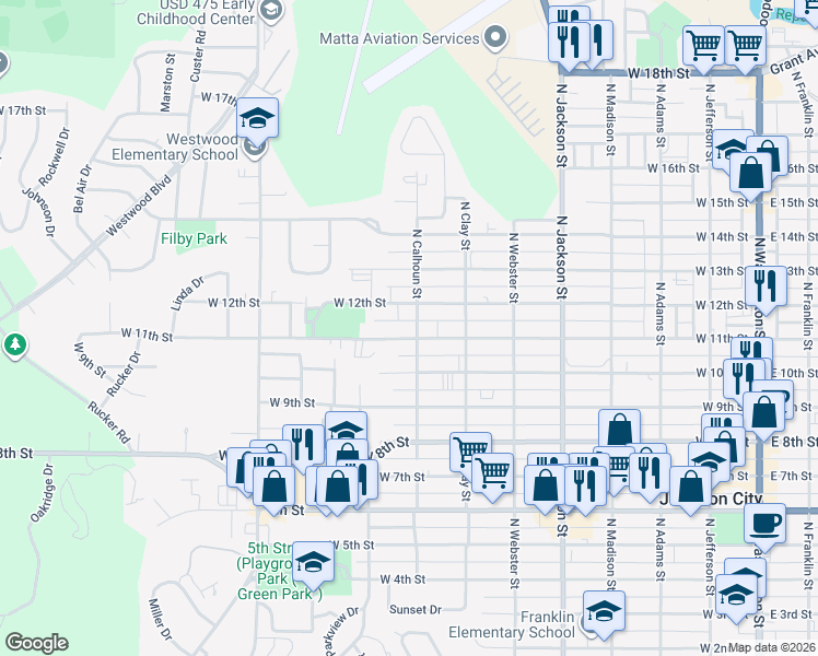 map of restaurants, bars, coffee shops, grocery stores, and more near 804 West 11th Street in Junction City