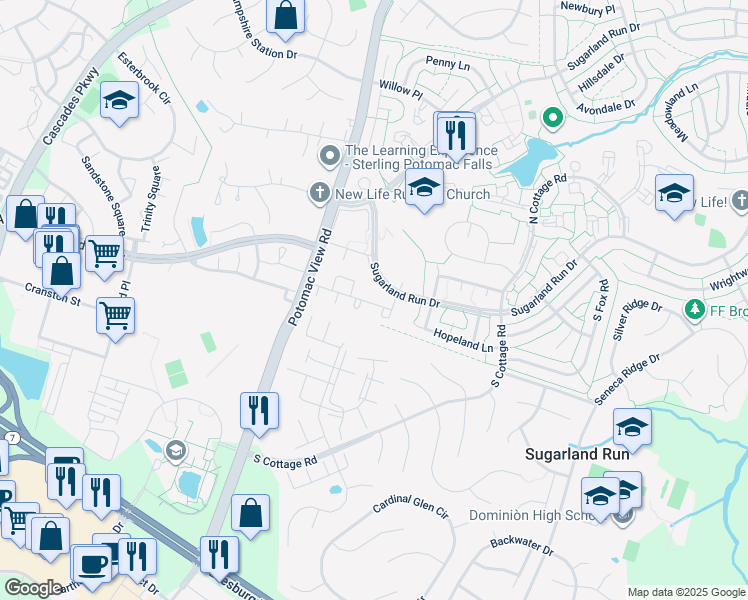 map of restaurants, bars, coffee shops, grocery stores, and more near 114 Marcum Court in Sterling