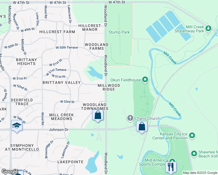 map of restaurants, bars, coffee shops, grocery stores, and more near 20700 West 52nd Street in Shawnee