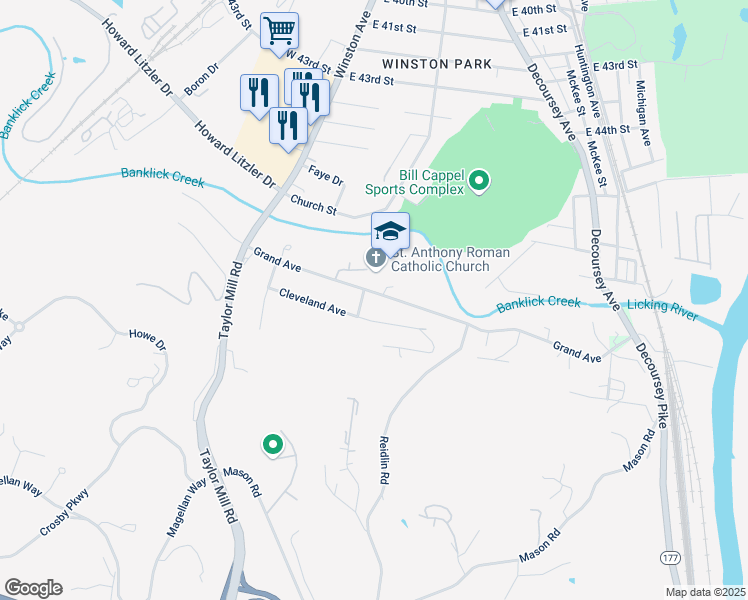 map of restaurants, bars, coffee shops, grocery stores, and more near 517 Grand Avenue in Taylor Mill