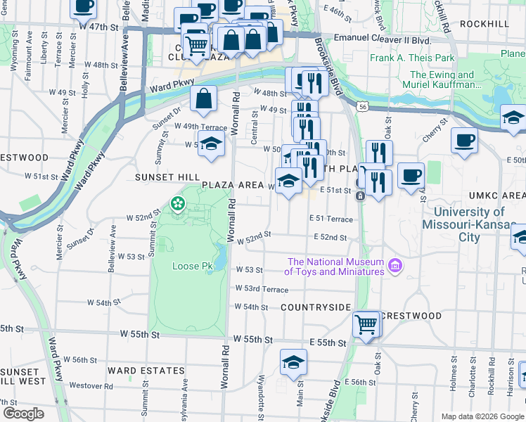 map of restaurants, bars, coffee shops, grocery stores, and more near 200 West 51 Terrace in Kansas City