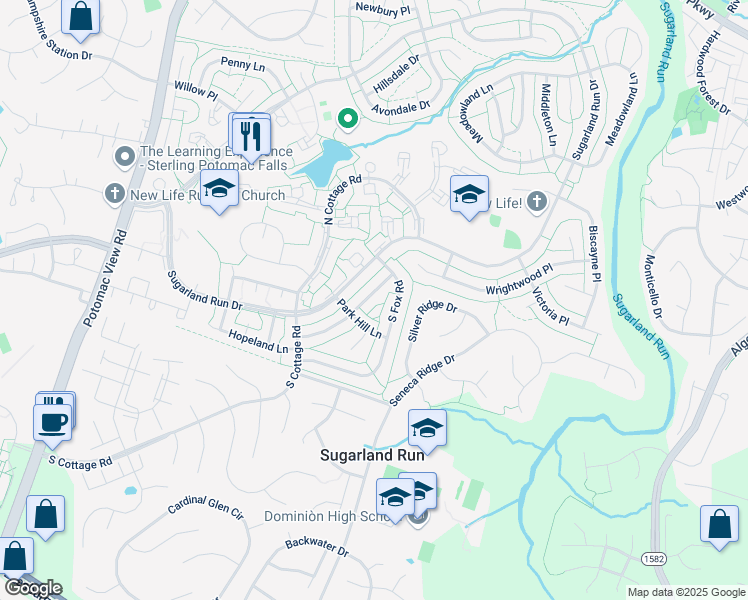 map of restaurants, bars, coffee shops, grocery stores, and more near 124 Harvest Lane in Sterling
