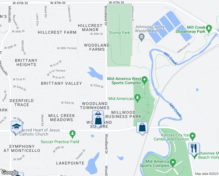map of restaurants, bars, coffee shops, grocery stores, and more near 5203 Woodland Drive in Shawnee