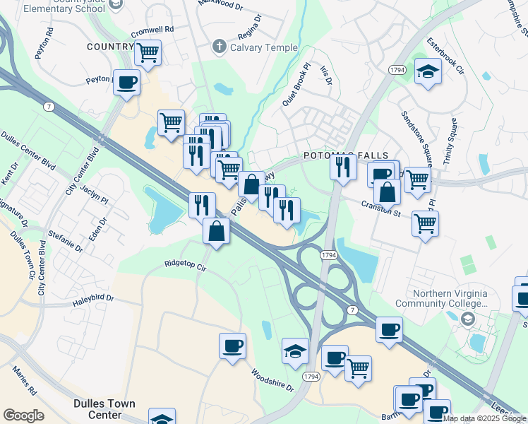 map of restaurants, bars, coffee shops, grocery stores, and more near 46165 Westlake Drive in Sterling