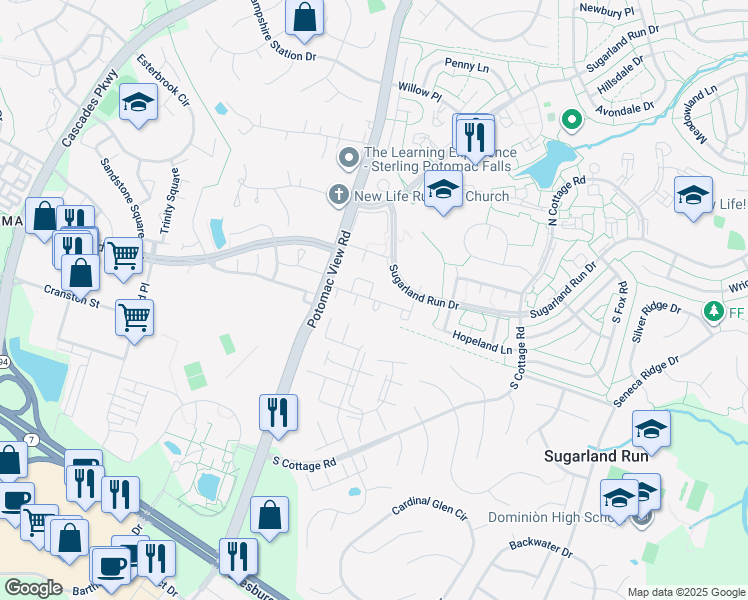 map of restaurants, bars, coffee shops, grocery stores, and more near 203 Argus Place in Sterling
