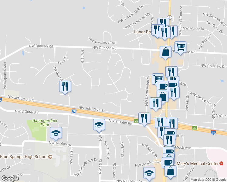 map of restaurants, bars, coffee shops, grocery stores, and more near 1209 Porter Drive in Blue Springs