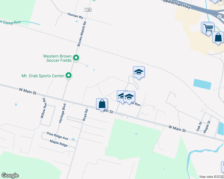 map of restaurants, bars, coffee shops, grocery stores, and more near 476 West Main Street in Mount Orab