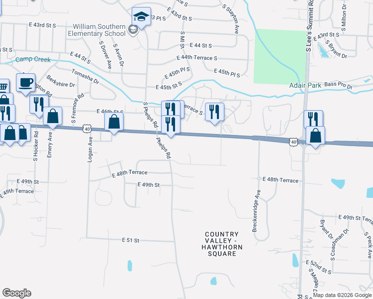 map of restaurants, bars, coffee shops, grocery stores, and more near 15101 East US Highway 40 in Kansas City