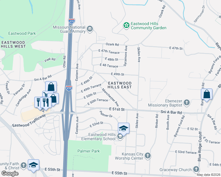 map of restaurants, bars, coffee shops, grocery stores, and more near 7612 Sni a Bar Road in Kansas City