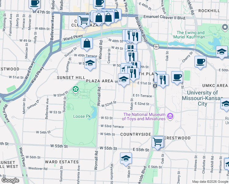 map of restaurants, bars, coffee shops, grocery stores, and more near 200 West 51 Terrace in Kansas City
