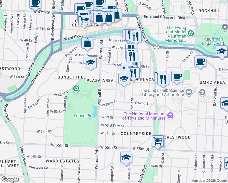 map of restaurants, bars, coffee shops, grocery stores, and more near 200 West 51 Terrace in Kansas City