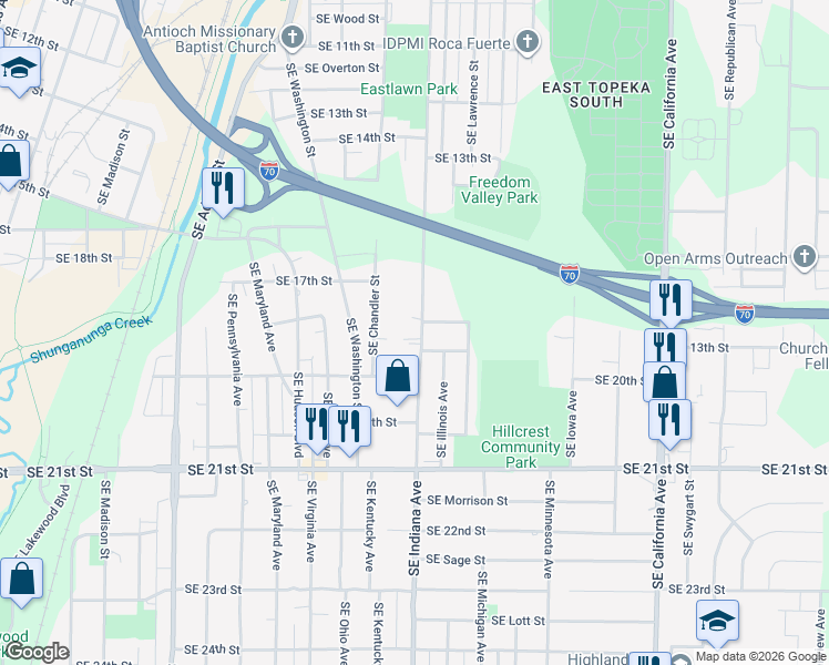 map of restaurants, bars, coffee shops, grocery stores, and more near 1300 Southeast 18th Terrace in Topeka