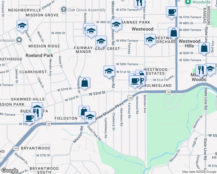 map of restaurants, bars, coffee shops, grocery stores, and more near 5250 Mission Road in Roeland Park