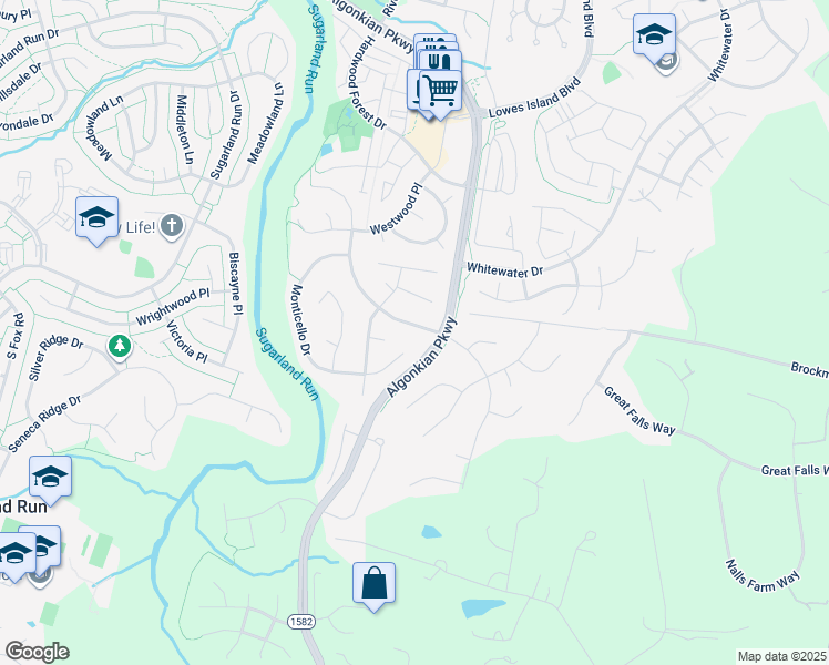 map of restaurants, bars, coffee shops, grocery stores, and more near 20049 Great Falls Forest Drive in Great Falls