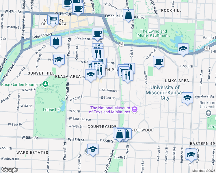map of restaurants, bars, coffee shops, grocery stores, and more near 5106 Grand Avenue in Kansas City