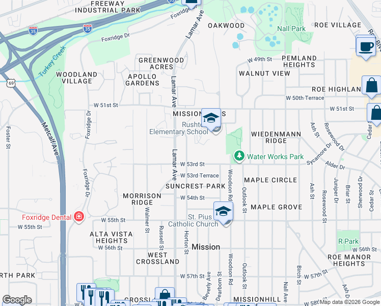 map of restaurants, bars, coffee shops, grocery stores, and more near 5218 Horton Street in Mission