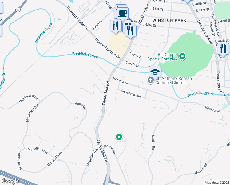 map of restaurants, bars, coffee shops, grocery stores, and more near 4821 Kollman Road in Taylor Mill