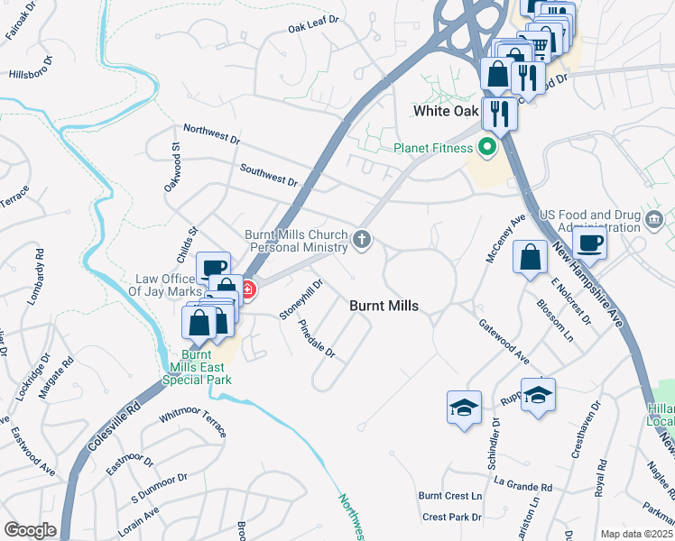map of restaurants, bars, coffee shops, grocery stores, and more near 709 Burnt Mills Court in Silver Spring
