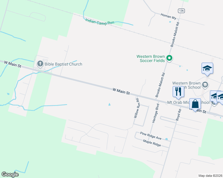 map of restaurants, bars, coffee shops, grocery stores, and more near County Highway 26 in Mount Orab