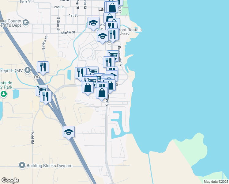 map of restaurants, bars, coffee shops, grocery stores, and more near 1152 South Main Street in Lakeport